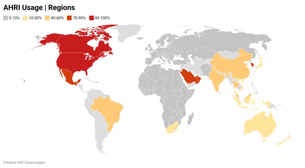 Global map showing AHRI usage regions