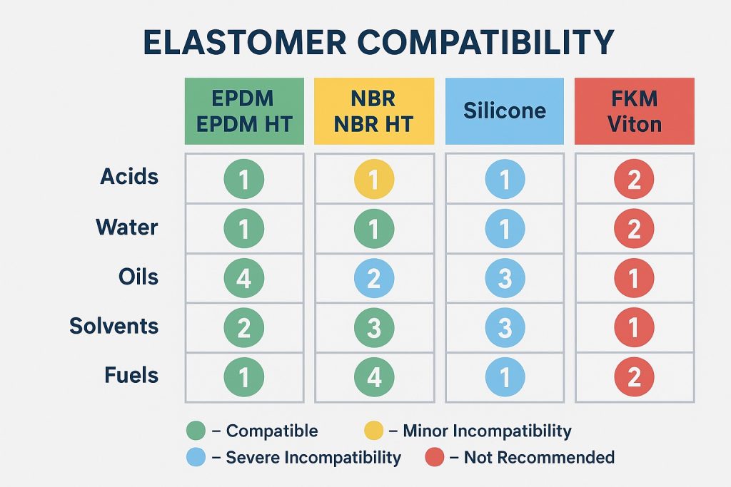 Chemical Compatibility of Elastomers: EPDM, EPDM HT, NBR, NBR HT, Silicone, and FKM (Viton) Gasket Compatibity