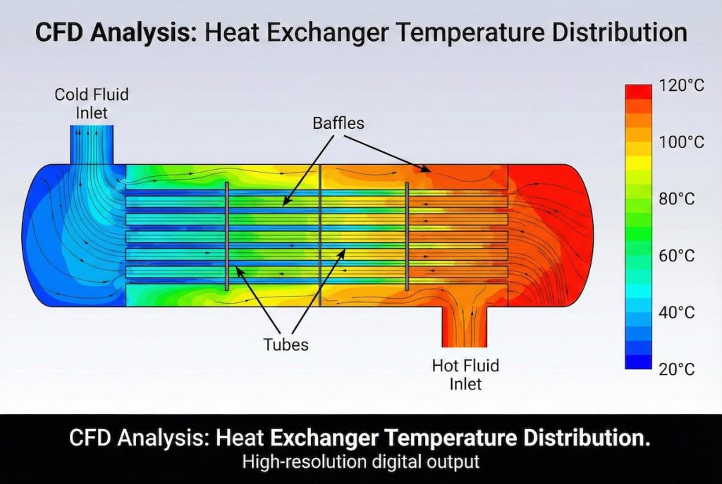 Image of temperature contour plot CFD analysis for heat exchanger