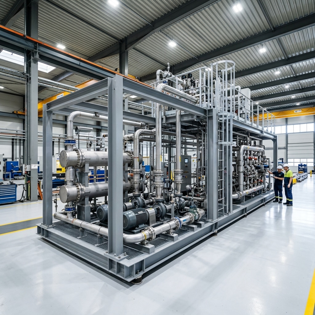 A massive, fully assembled industrial modular process skid on a factory floor featuring complex piping and heat exchangers