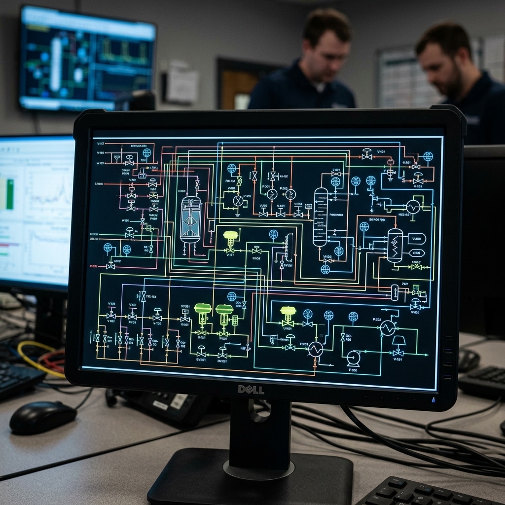 A hyper-realistic smart P&ID displaying detailed mechanical valve and instrument symbols