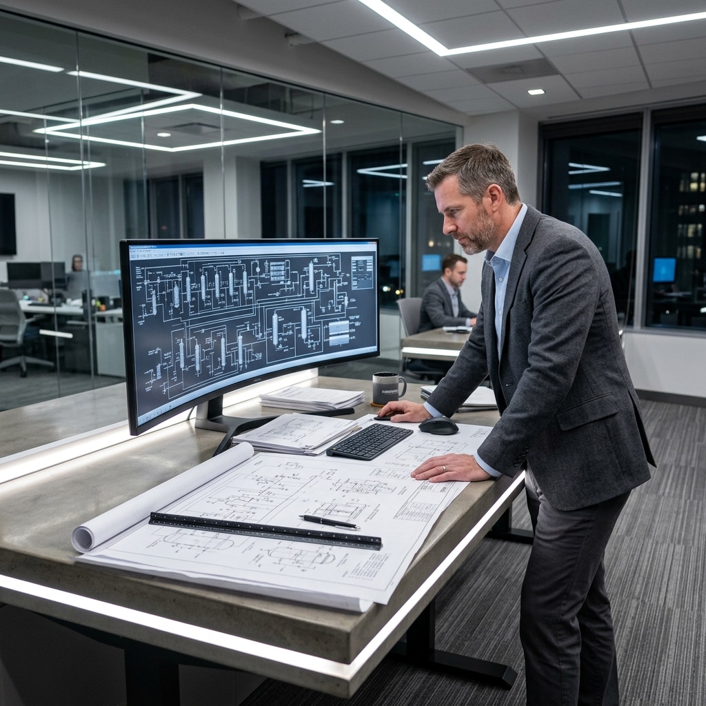 A highly complex industrial Process Flow Diagram on an ultra-wide monitor with technical blueprints on a desk