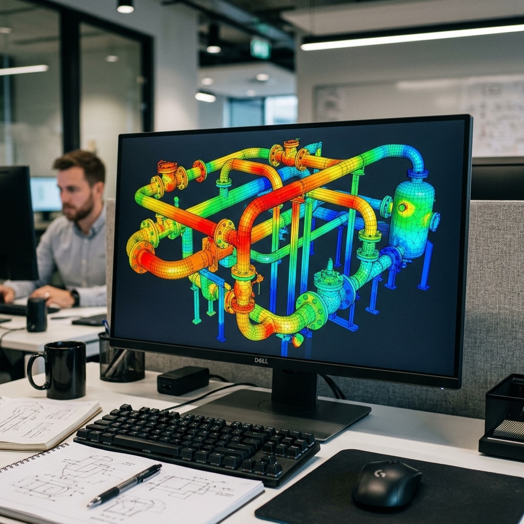 CAESAR II 3D pipe stress analysis CAD model showing thermal expansion gradients