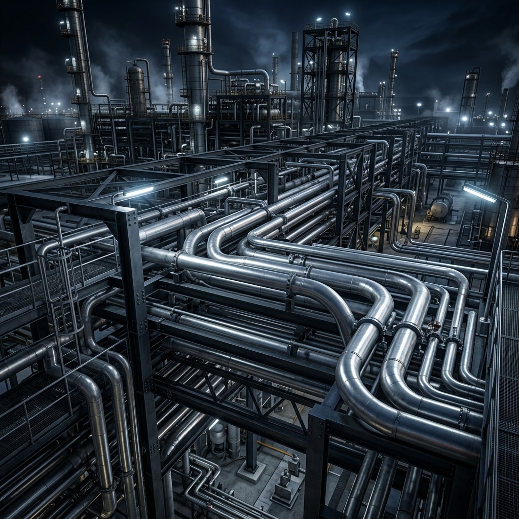 Complex industrial piping networks and heavy steel pipe supports inside a refinery