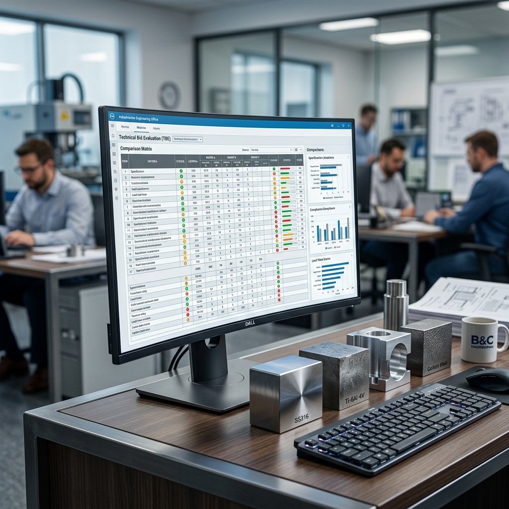 Technical bid evaluation software matrix on a screen next to heavy metallic material selection samples