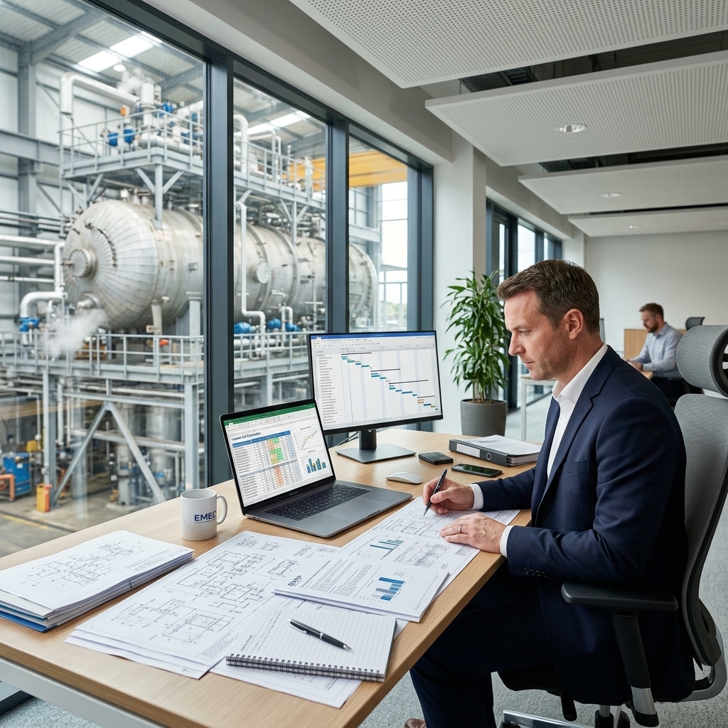 Industrial engineering procurement workspace with detailed technical specification blueprints and RFP documents
