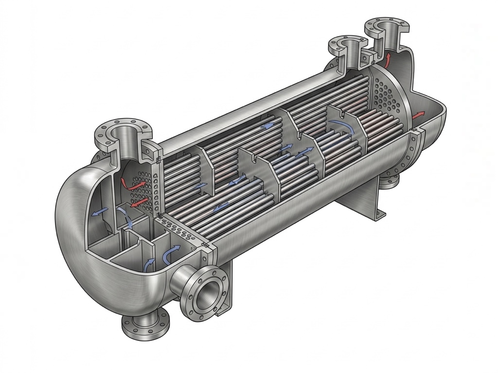 Cutaway diagram of shell and tube heat exchanger components