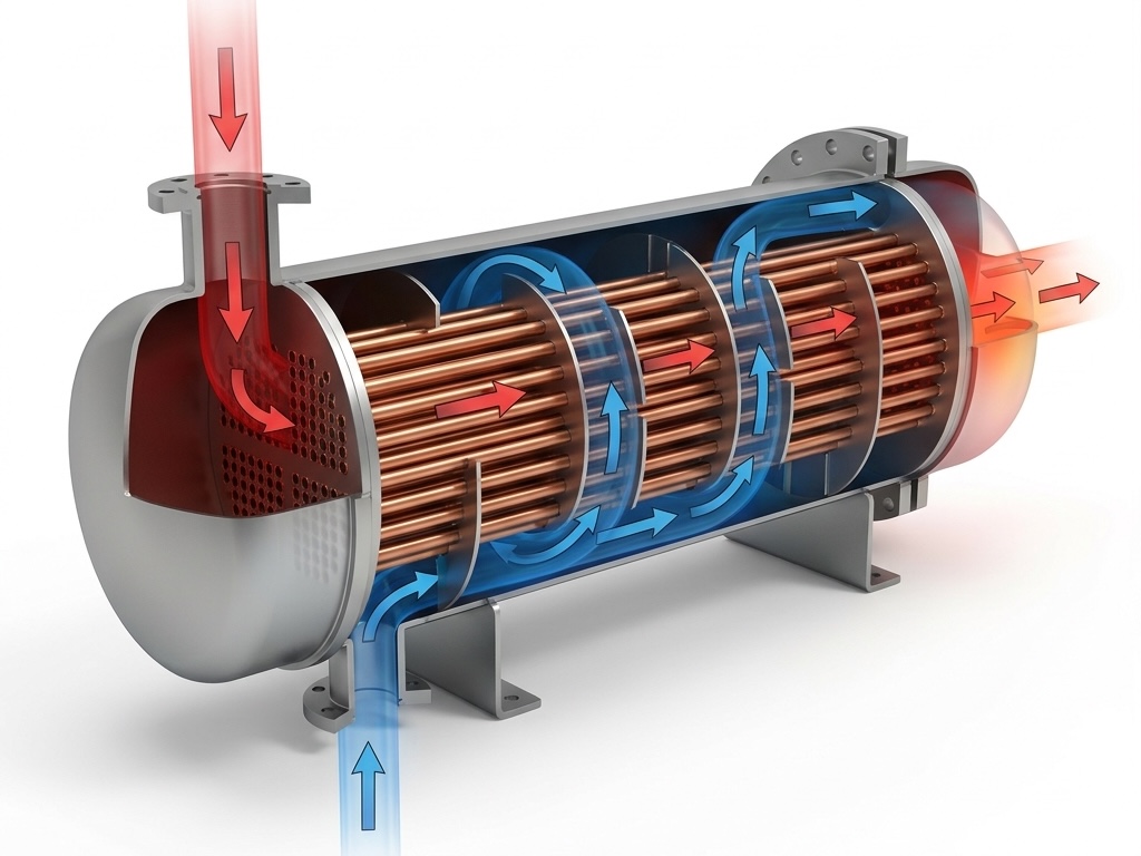 Hot and cold fluid flow inside a shell and tube heat exchanger