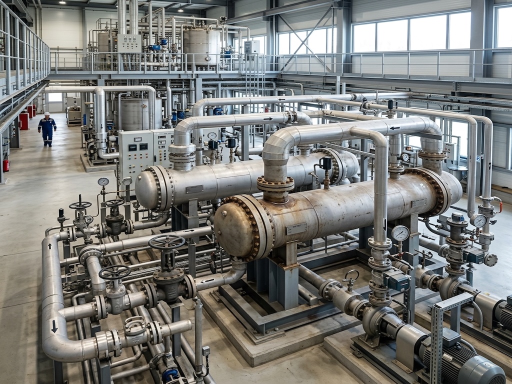 Industrial heating and cooling system with shell and tube heat exchangers