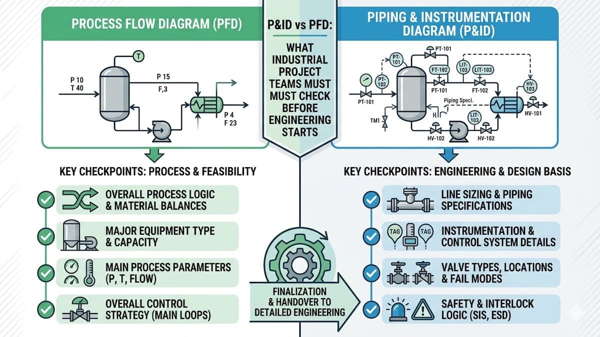 P&ID vs PFD comparison for industrial process engineering and project design review