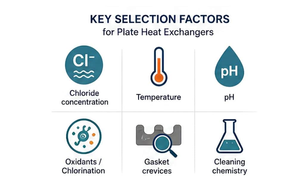 Factors for selecting 254 SMO heat exchanger plates: chloride concentration, temperature, pH, chlorination, gasket crevices and cleaning chemistry