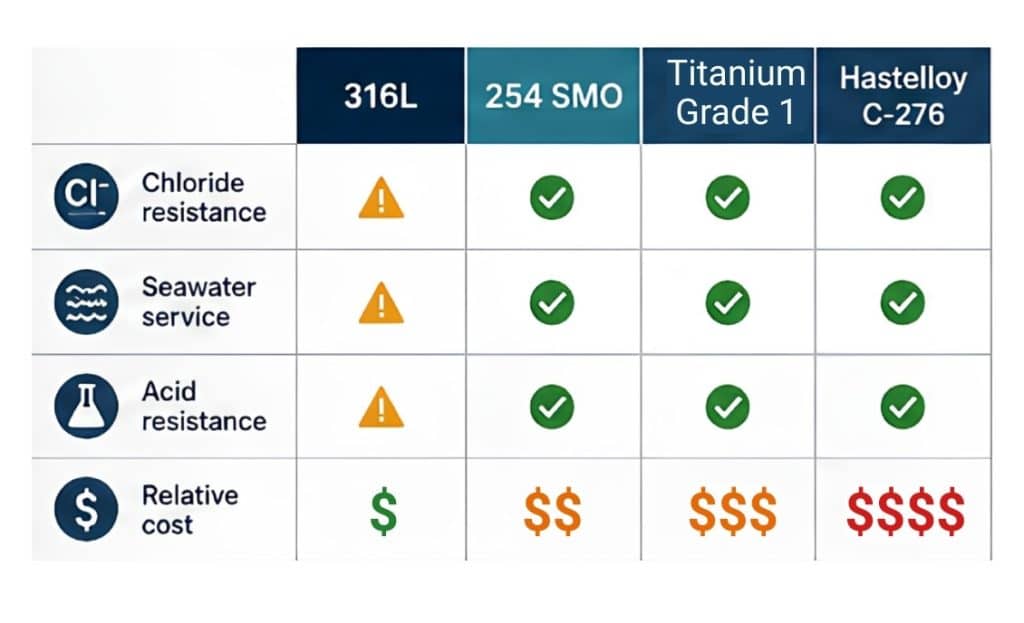 Comparison of 316L, 254 SMO, titanium Grade 1 and Hastelloy C-276 for chloride, seawater and acid heat exchanger duties