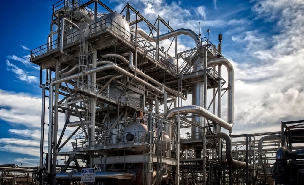 Chemical plant process unit with piping, vessels and industrial equipment